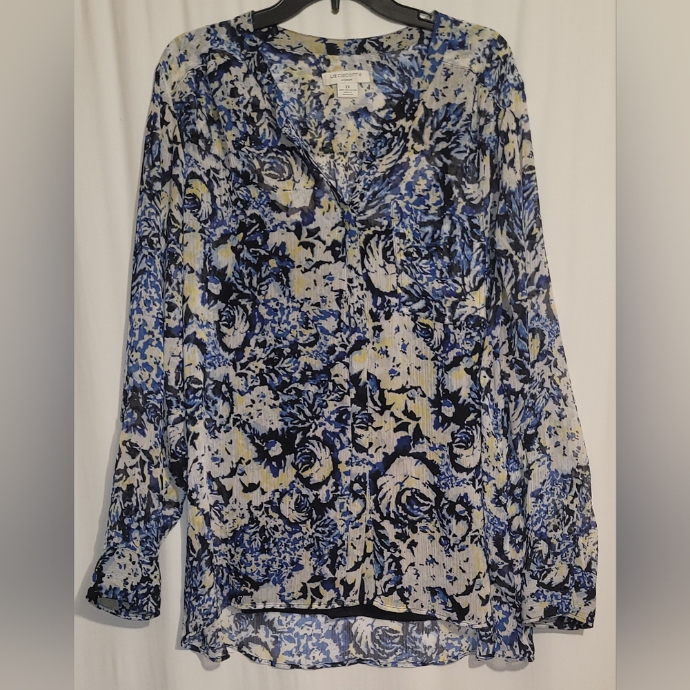 Liz Claiborne Chiffon Blue Floral V-Neck Blouse